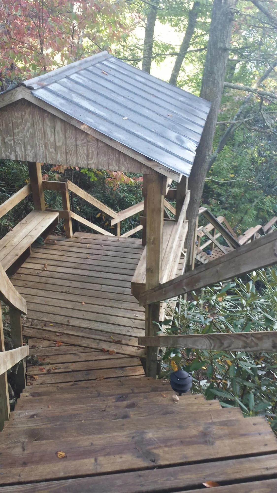 Metal roofed shelter over wooden steps on a wooded walkway — Skylight Repair & Installation work by our crew in Pine City